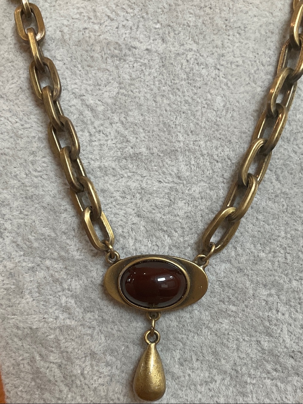 Myka Designs Vintage Brass Tone Chain Necklace with Reddish Brown Cabochon Drop